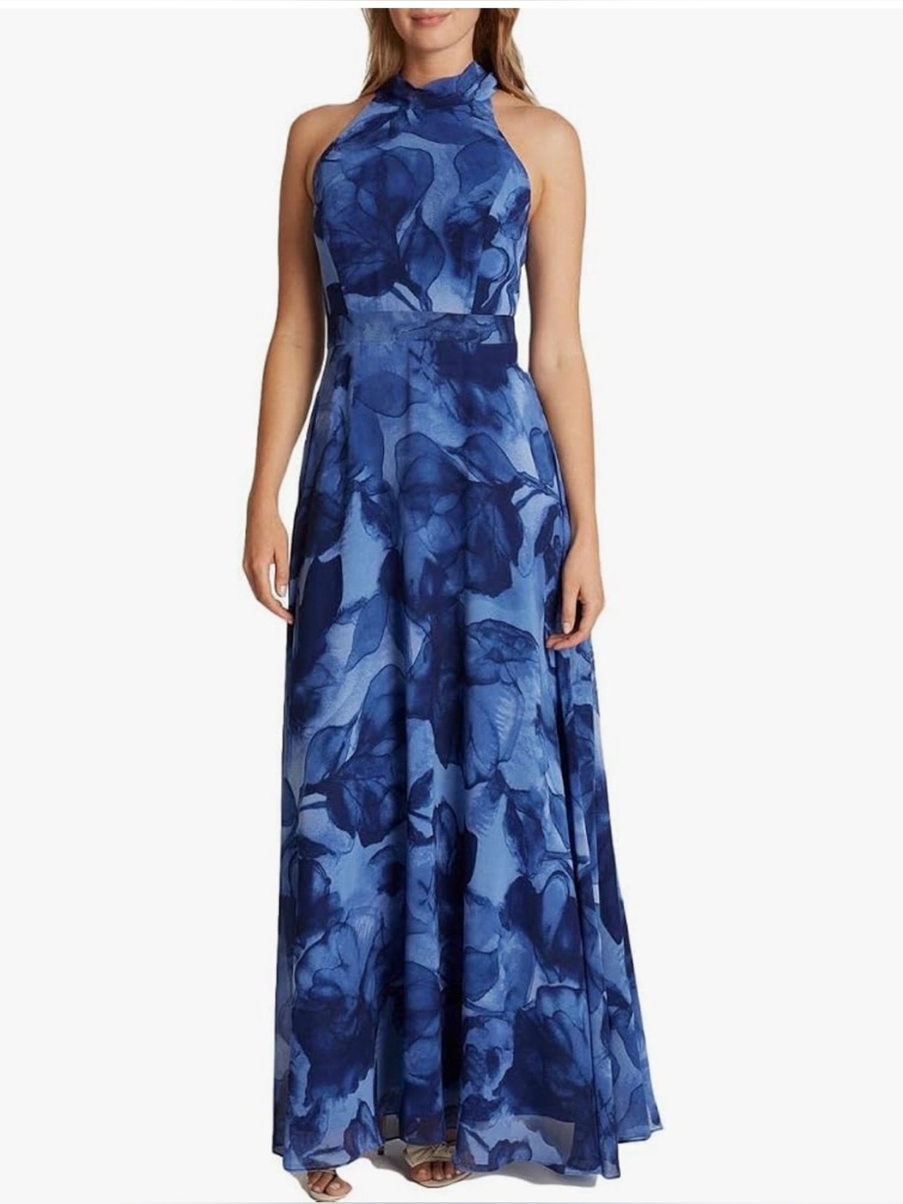 Tahari blue floral halter chiffon cocktail maxi dress